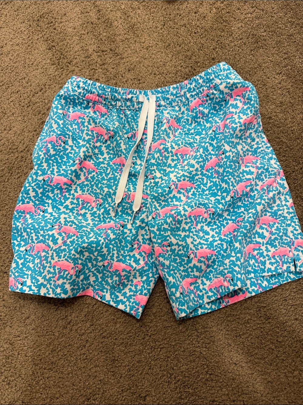 chubbies Turquoise Swim Trunks with Pink Flamingo Print